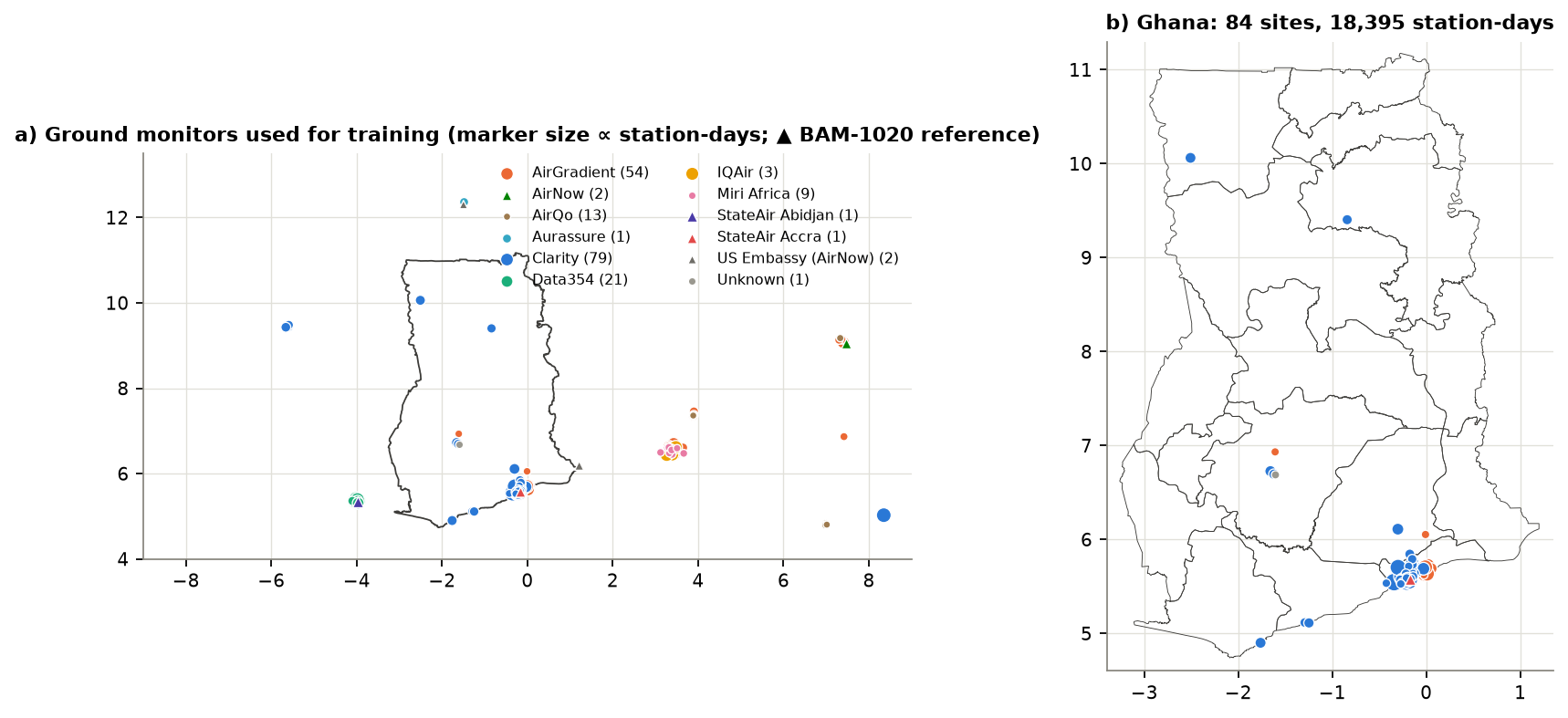 Figure 1. Ground monitors used for training. (a) Regional training domain; (b) Ghana. Marker size is proportional to the number of