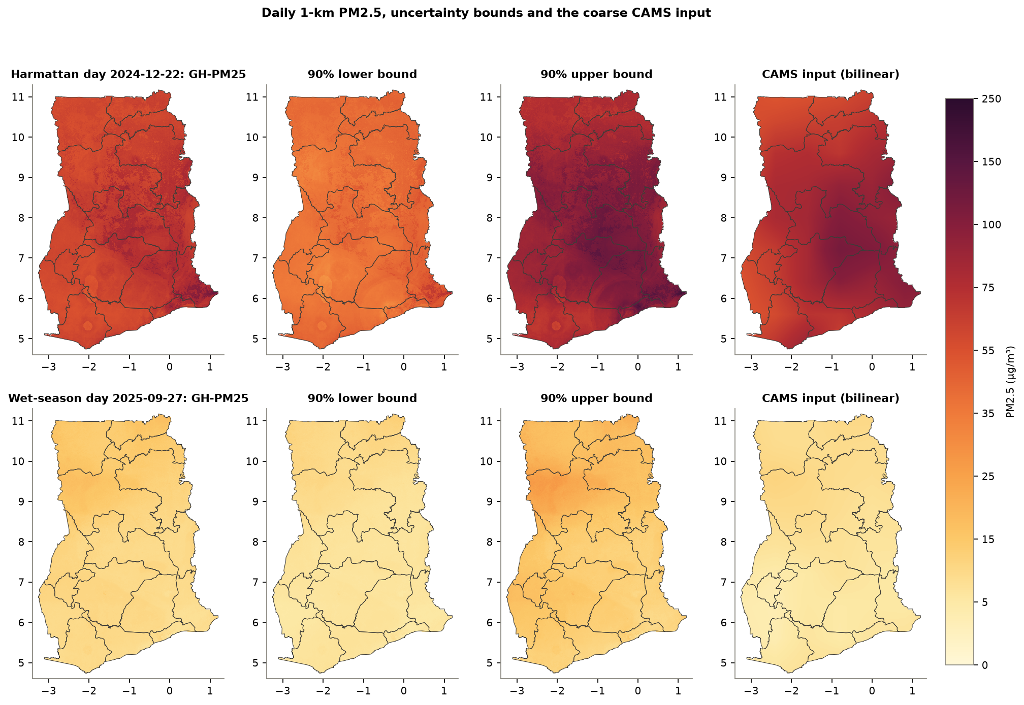 Figure 11. Daily 1-km PM2.5 with 90% interval bounds, and the CAMS input, for the most polluted Harmattan day and the cleanest wet-
