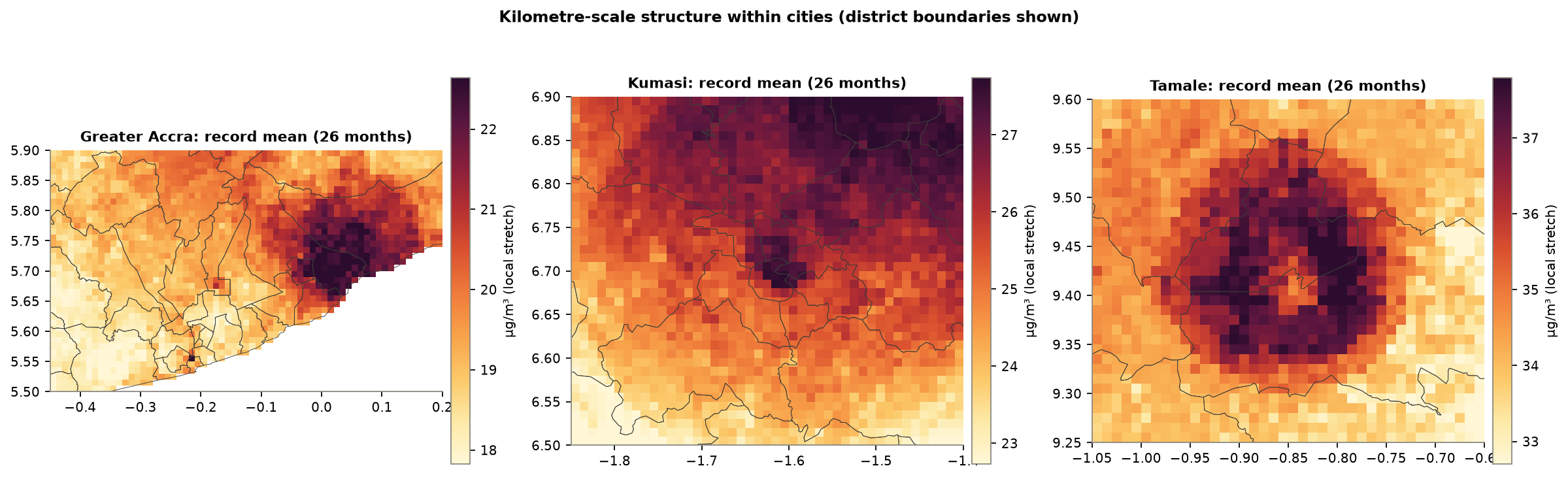 Figure 12. Kilometre-scale structure in the three largest urban areas.